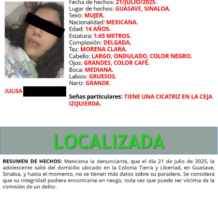 La adolescente fue localizada y se encuentra bajo el resguardo de sus familiares.