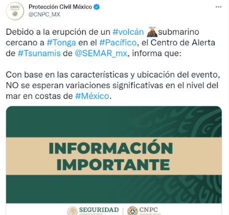 No hay alerta de tsunami para México por erupción de volcán en Tonga