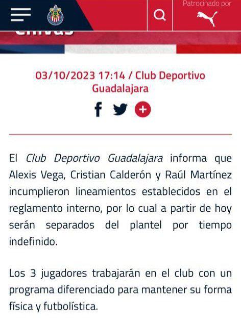 $!Chivas separó a Alexis Vega, Cristian Calderón y al canterano Raúl Martínez por ‘incumplir el reglamento’
