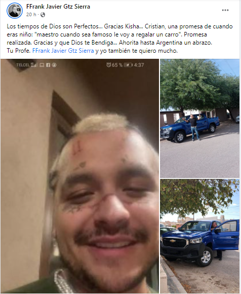 $!Christian Nodal cumple promesa y le regala camioneta a su maestro de primaria