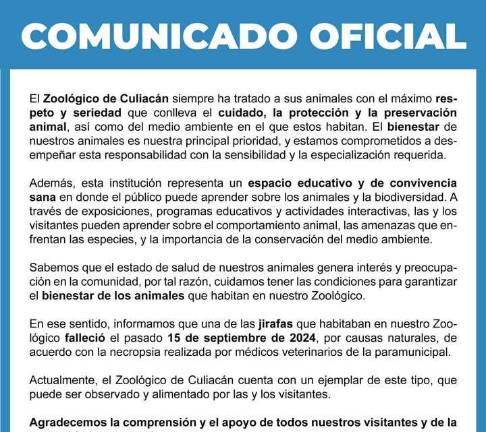 El Zoológico informó que la ausencia de una de las jirafas se debe a su fallecimiento por causas naturales.