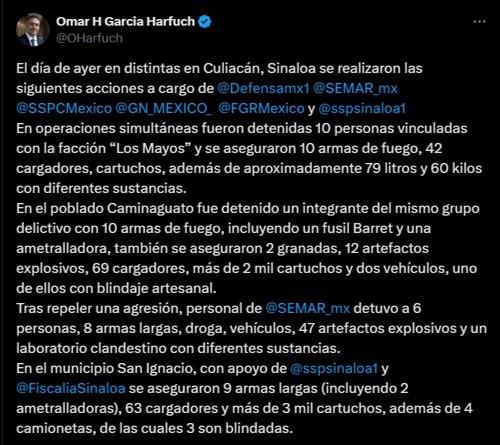 $!Operativos en Culiacán dejan 10 detenidos ligados a “Los Mayos”, anuncia García Harfuch