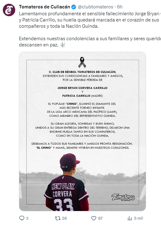 $!El peloterito de Tomateros, ‘Chino’ Corvera y su madre, víctimas del ‘camionazo’
