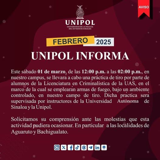$!Avisa la Unipol sobre práctica de tiro en Culiacán este sábado