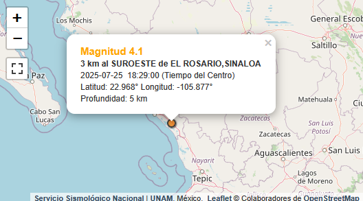 Reporte del último sismo registrado en Sinaloa, cerca de El Rosario.
