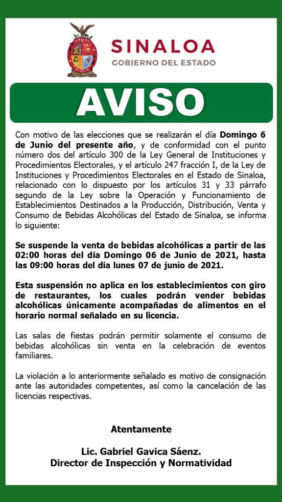 $!Desde la madrugada del domingo hasta la mañana del lunes habrá Ley Seca por elecciones en Sinaloa