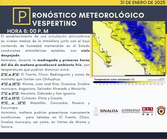 Ante el clima frío en Sinaloa, llaman a la ciudadanía a abrigarse adecuadamente y evitar exponerse al cambio de temperatura.