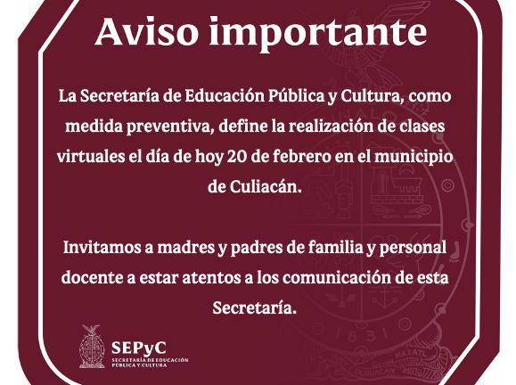 Aviso de la SEPyC sobre la suspensión de clases para este viernes.