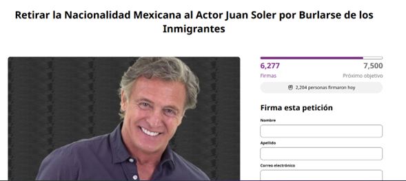 $!Internautas recolectan firmas para retirar la nacionalidad mexicana a Juan Soler