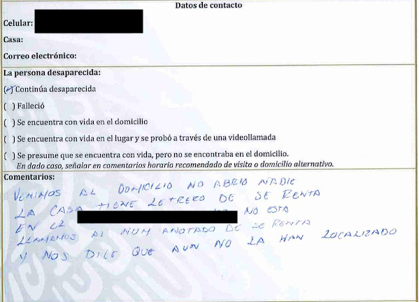 $!Informe de localización elaborado por personal de la comisión de búsqueda de Michoacán de la visita al domicilio de una mujer desaparecida en 2022. Se consigna que sigue desaparecida, pero su FUB está en la lista de localizados.