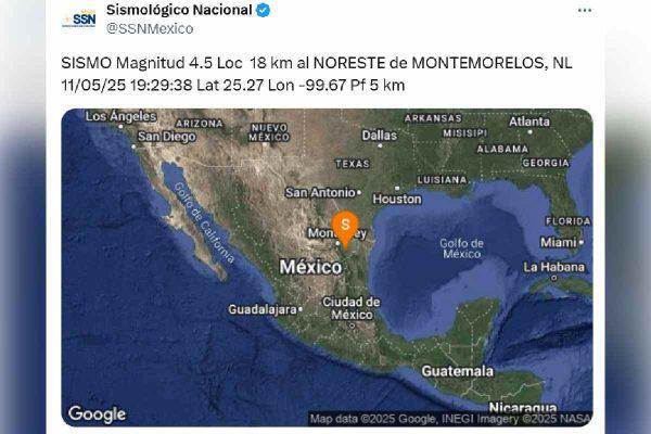 Se registra sismo de magnitud 4.5 en Montemorelos, Nuevo León; se percibe en más de 20 municipios