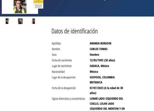 De acuerdo con la ficha de búsqueda, Carlos Tomás Aranda Burgoin, de 30 años de edad y que desapareció en la provincia de Columbia Británica.