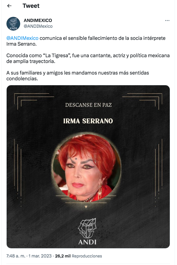 $!Irma Serrano, ‘La Tigresa’, muere a los 89 años