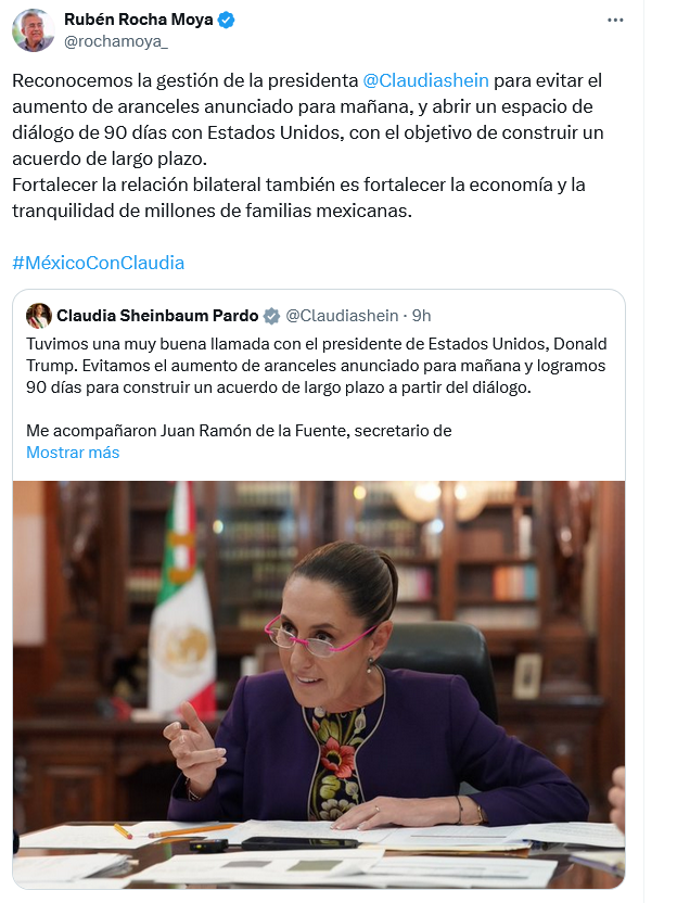 $!Reconoce Rocha Moya gestión de Claudia Sheinbaum para frenar aumento de aranceles