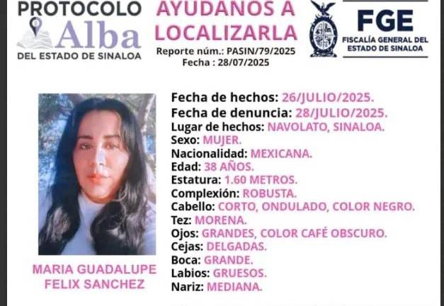 María Guadalupe desapareció el pasado 26 de julio en la localidad de Bariometo Segundo, municipio de Navolato.
