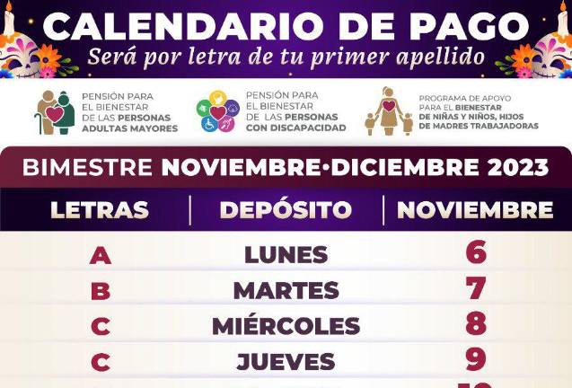 La Secretaría de Bienestar ha compartido el calendario de pago del bimestre noviembre-diciembre 2023, en que dispersará los recursos de sus diferentes pensiones a las personas beneficiarias.