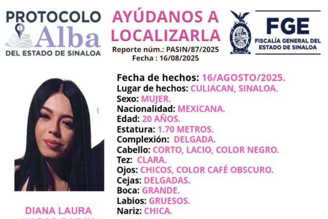 Diana Laura, de 20 años de edad, fue vista por última vez el pasado sábado 16 de agosto en el fraccionamiento Campo Bello, en Culiacán.