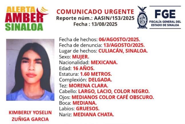 Kimberly Yoselin fue vista por última vez el pasado 6 de agosto del 2025.