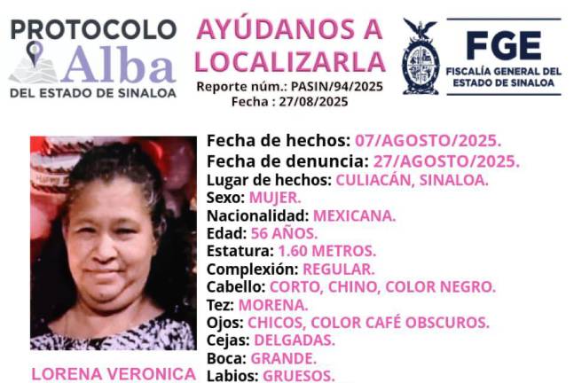 Lorena Verónica Aguirre Bueno, de 56 años, fue vista por última vez el pasado 7 de agosto en la colonia Los Pinos, en Culiacán.