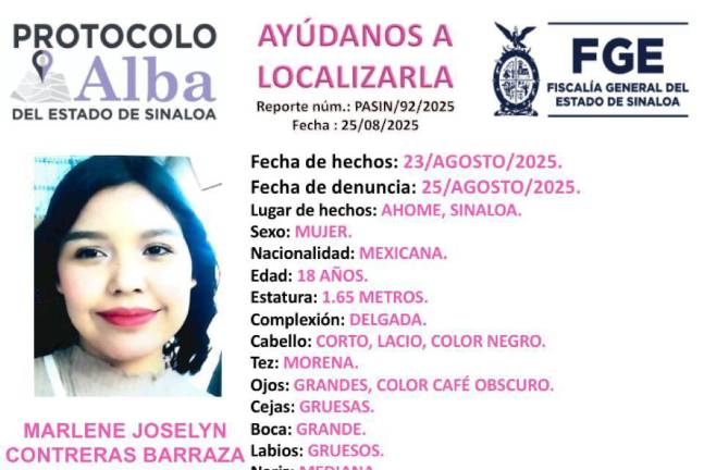 La joven fue vista por última vez en el fraccionamiento Jardines del Bosque, en la ciudad de Los Mochis.