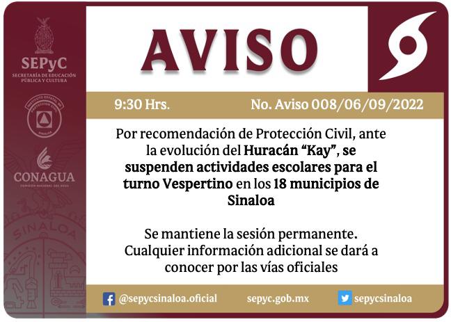 Suspenden clases para turno vespertino en todo Sinaloa este martes