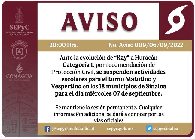 Suspenden clases este miércoles en todo Sinaloa por huracán Kay