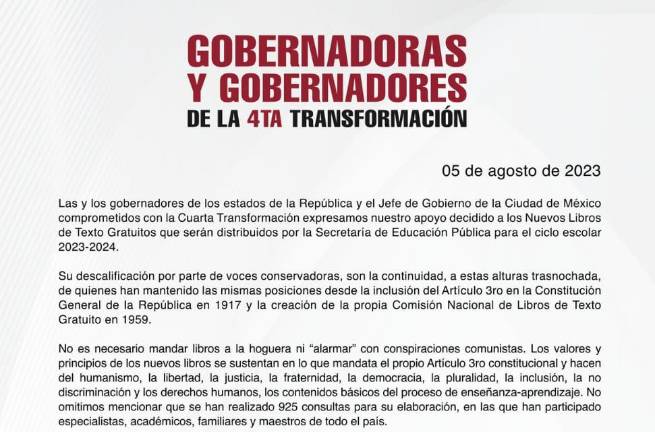 En el comunicado 22 mandatarios estatales firmaron a favor de los nuevos libros de texto.