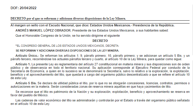 Decreto de reforma a la Ley Minera con la que se nacionaliza el litio.