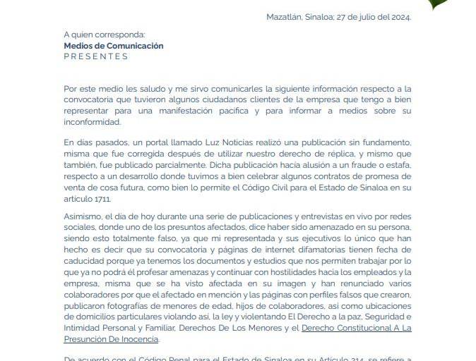 Niega empresa señalada por estafa en compra de lotes y departamentos en Mazatlán tener denuncias