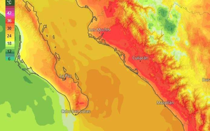Mapa de calor previsto para Sinaloa a partir de este miércoles.