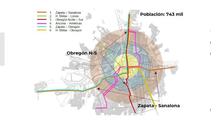 Mapa en el que se muestran la líneas que se tienen contempladas para el Metrobús en Culiacán.