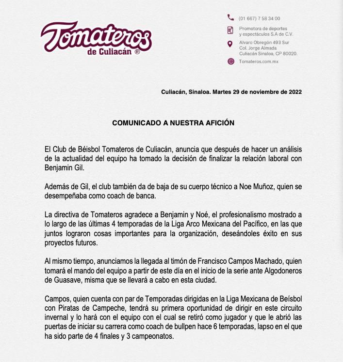 $!Tomateros de Culiacán anuncia el cese de Benjamín Gil como su mánager