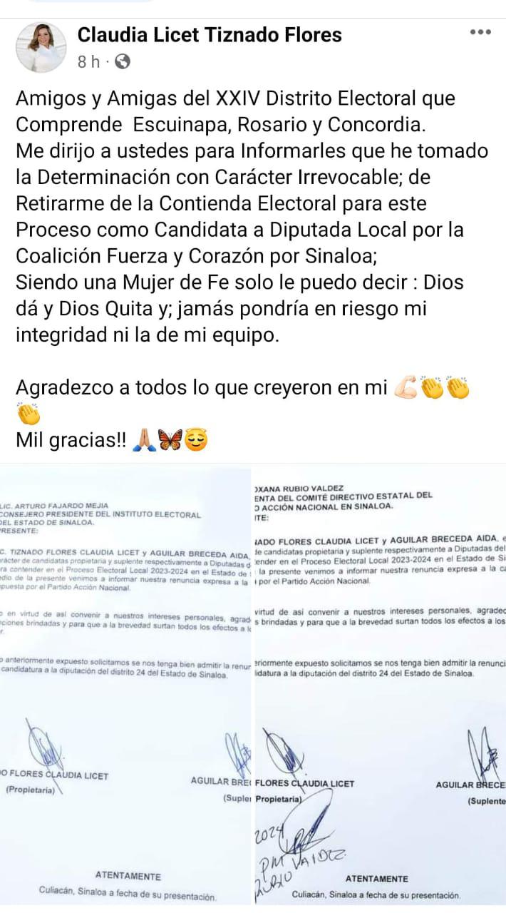 $!Claudia Tiznado Flores se baja de la contienda por la Diputación local en el sur de Sinaloa
