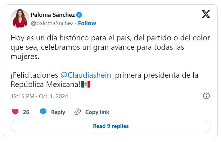 Me emocionó mucho ver a una mujer poniéndose la banda presidencial: Senadora