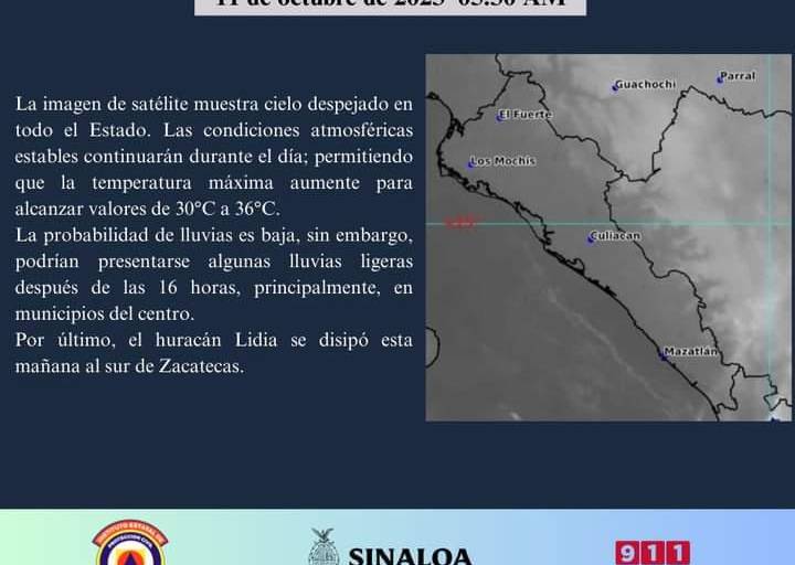 ‘Lidia’ se debilita a baja presión; hay poca probabilidad de lluvias en Sinaloa