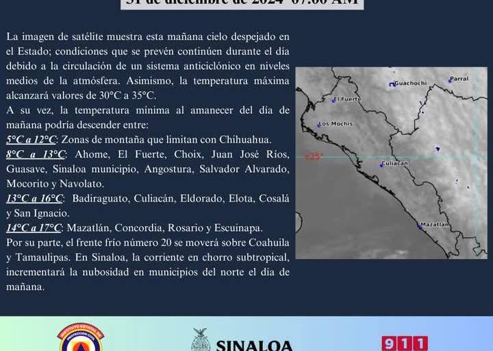 Prevén hasta 35 grados durante último día del año en Sinaloa
