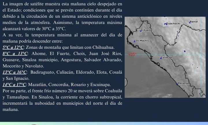 Pronóstico de las temperaturas previsto por Protección Civil en Sinaloa.