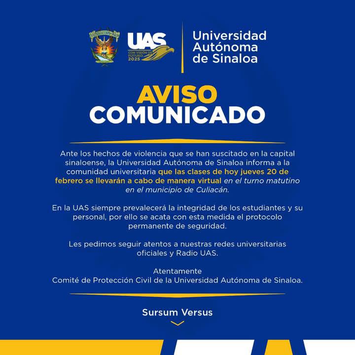 $!Anuncian SEPYC y UAS clases virtuales en Culiacán este jueves tras jornada violenta