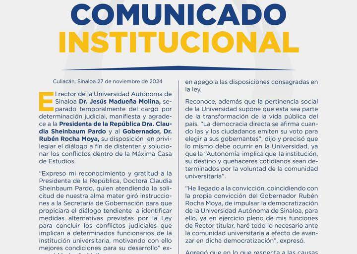 Anuncia UAS pacto con Sheinbaum y Rocha para suspender juicios a Jesús Madueña