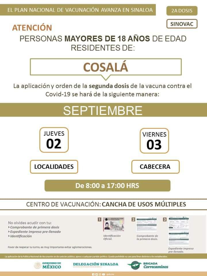 $!Esta es la programación en Cosalá y Navolato para la aplicación de la segunda dosis a mayores de 18 años