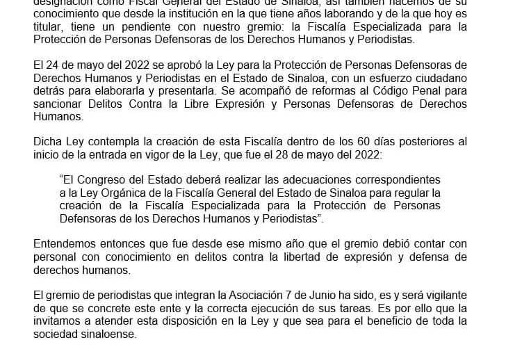 Recuerda Asociación 7 de Junio carencia de Fiscalía especializada para periodistas y activistas