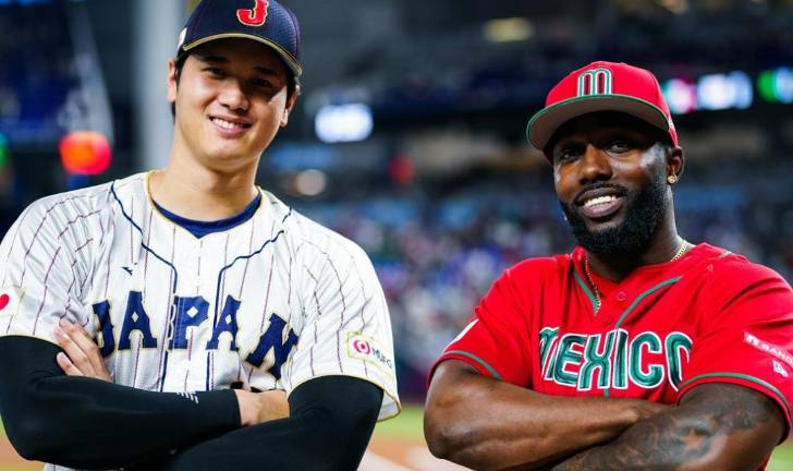 Shohei Ohtani y Randy Arozarena, previo al encuentro entre Japón y México en el loanDepot Park de Miami.