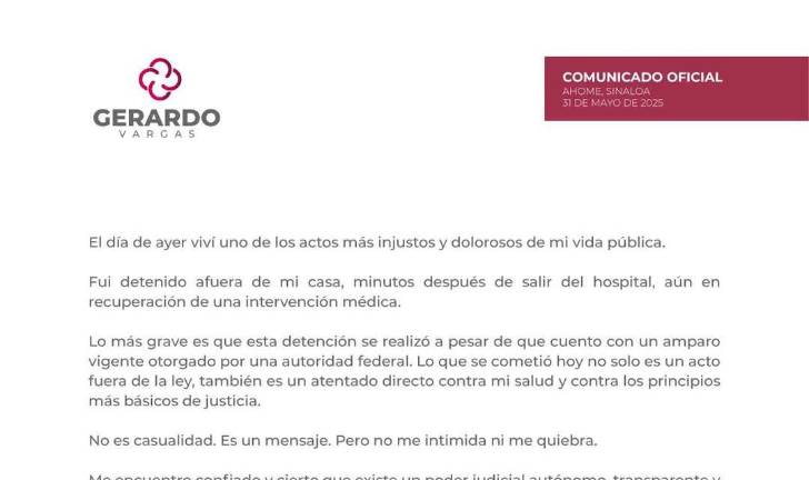 El ex funcionario aseguró que el arresto se ejecutó afuera de su casa, cuando regresó del hospital al estar convaleciente por una intervención médica.
