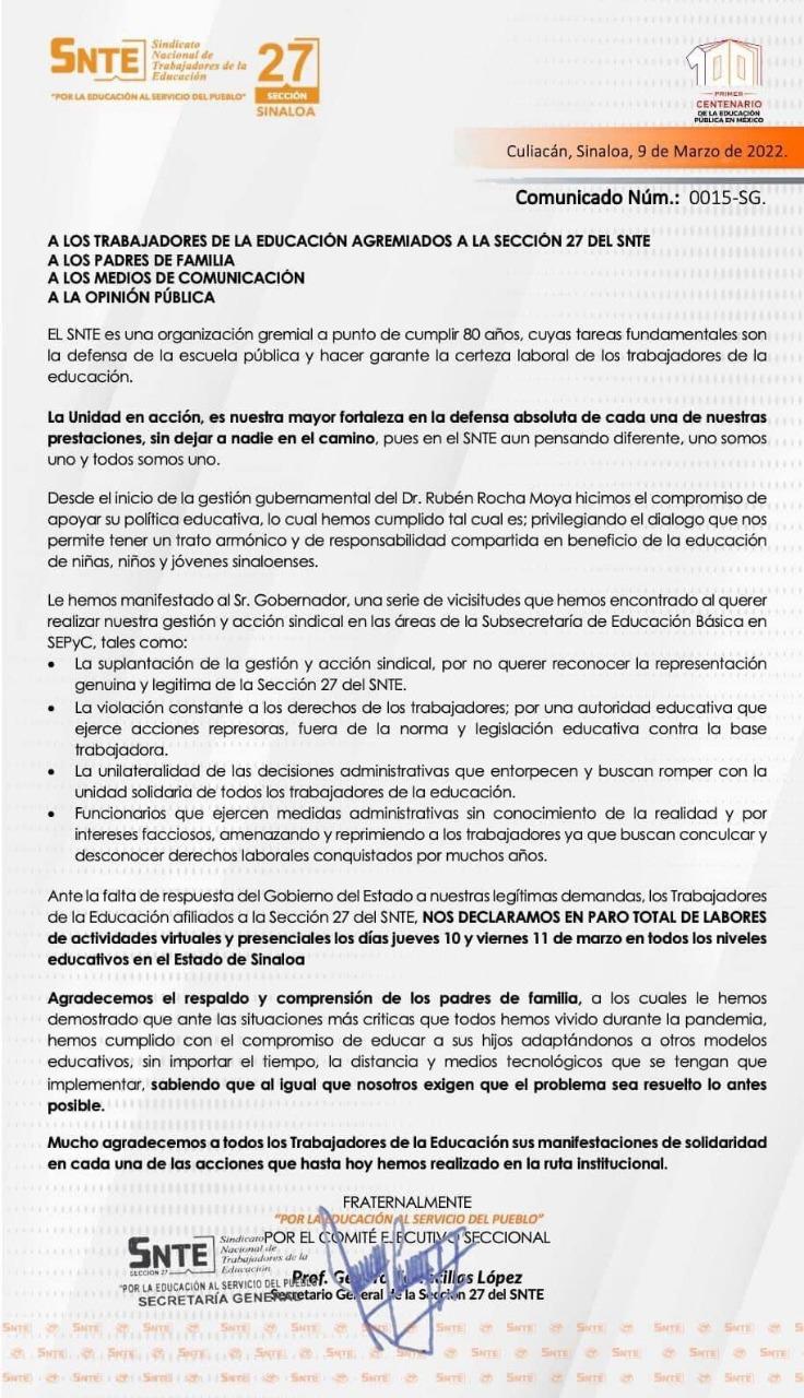 $!SNTE 27 anuncia nuevo paro total de labores para jueves y viernes en todos los niveles