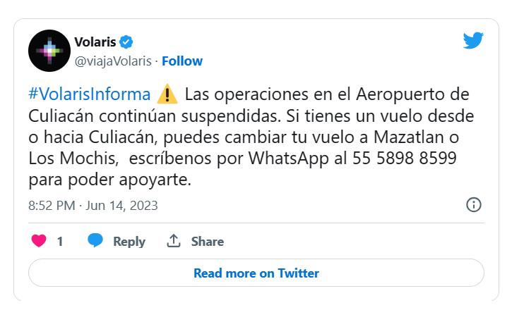 Volaris ofrece ayuda usuarios por cierre del Aeropuerto de Culiacán