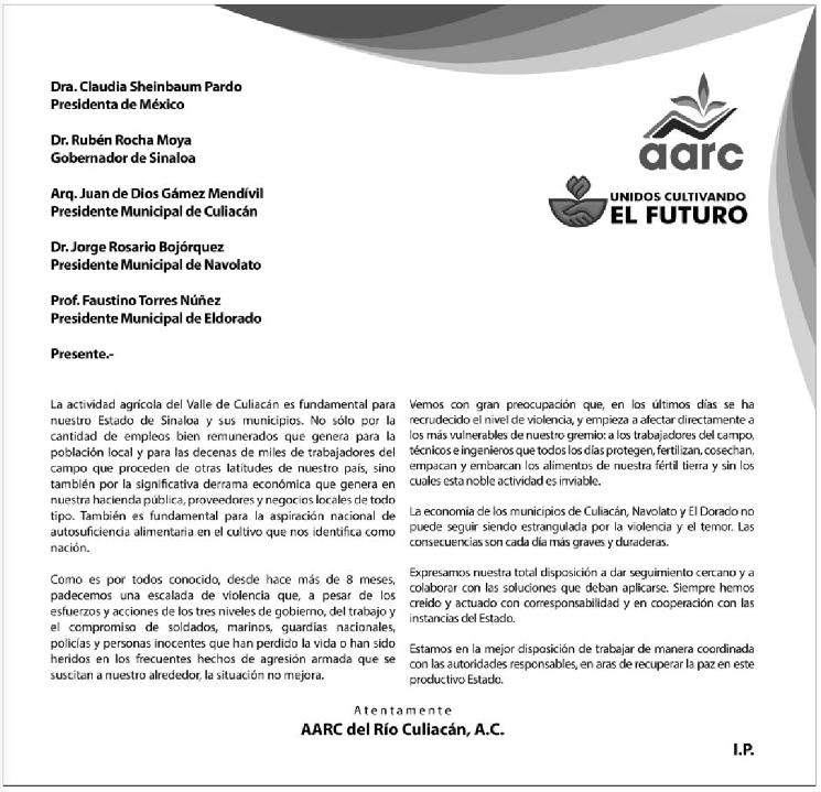 $!Violencia en Sinaloa empieza a afectar a trabajadores del campo, advierte la AARC