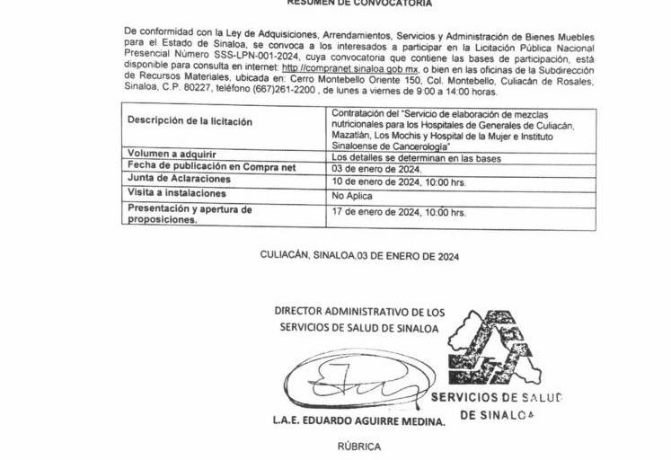 Comprará Gobierno de Sinaloa mezclas nutricionales para hospitales en primera licitación de 2024