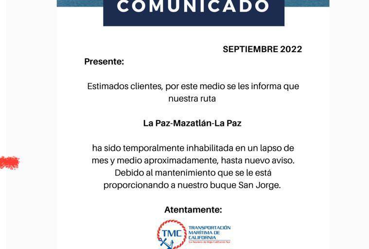 TMC anuncia suspensión temporal de la ruta La Paz-Mazatlán