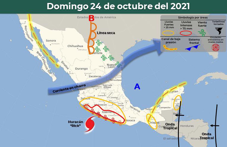 Provoca huracán Rick lluvias puntuales extraordinarias en Guerrero y Michoacán e intensas en Colima, Jalisco y Oaxaca