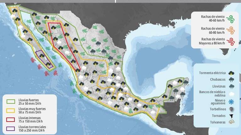 Pronóstico de lluvias para las diferentes zonas de México.